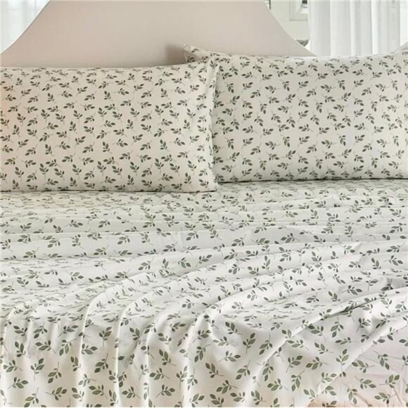 Green Leaf Sheets King, Deep Pocket Sheets, 1800 Thread Count Leaf Bed Sheets - Picture 2 of 7